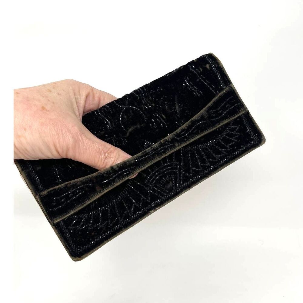 1920s Art Deco Black Beaded Clutch/ 1920s Flapper Purse/ Vintage Fold Over Bag